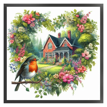 Robin With Heart Flowers - 11CT Stamped Cross Stitch 40*40CM