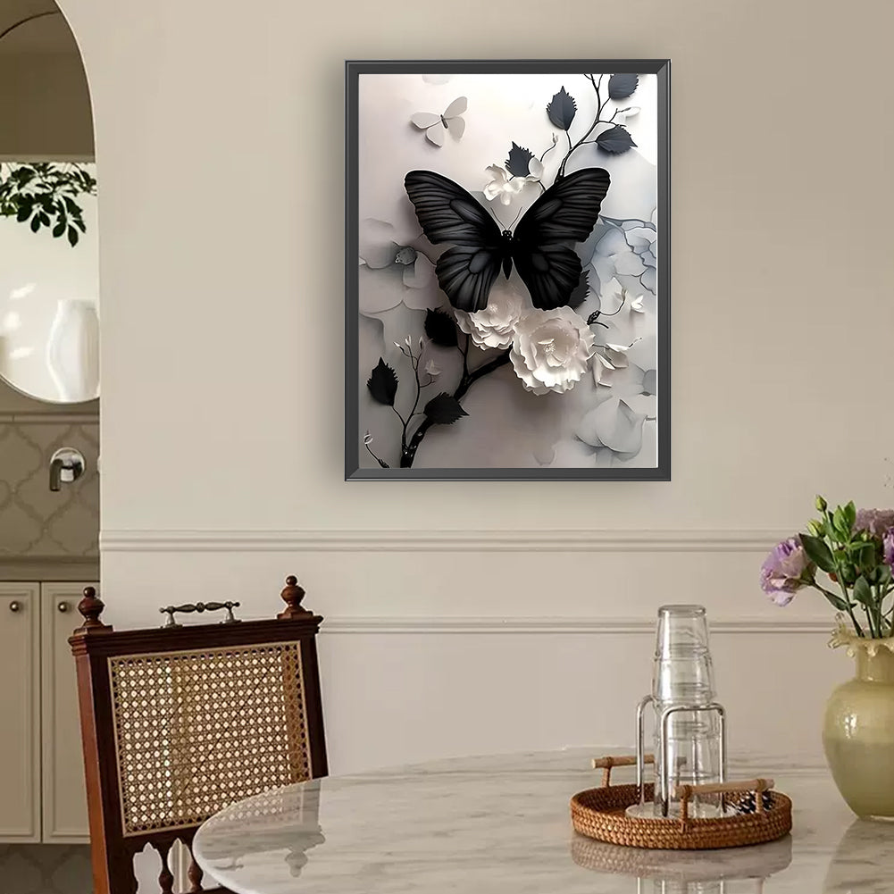 Black Butterfly - Full Round Drill Diamond Painting 30*40CM