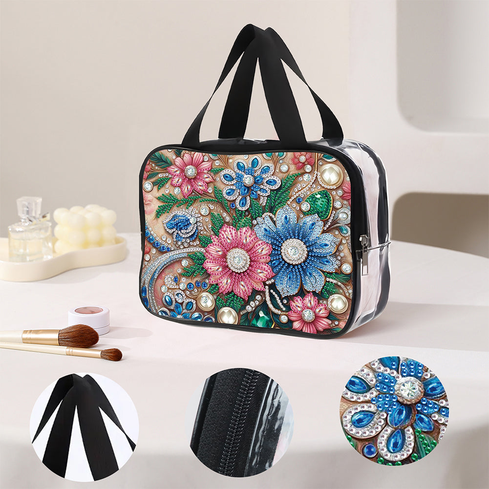 DIY Flowers Diamond Art Rhinestone Makeup Bag Transparent PVC Storage Pack Gift