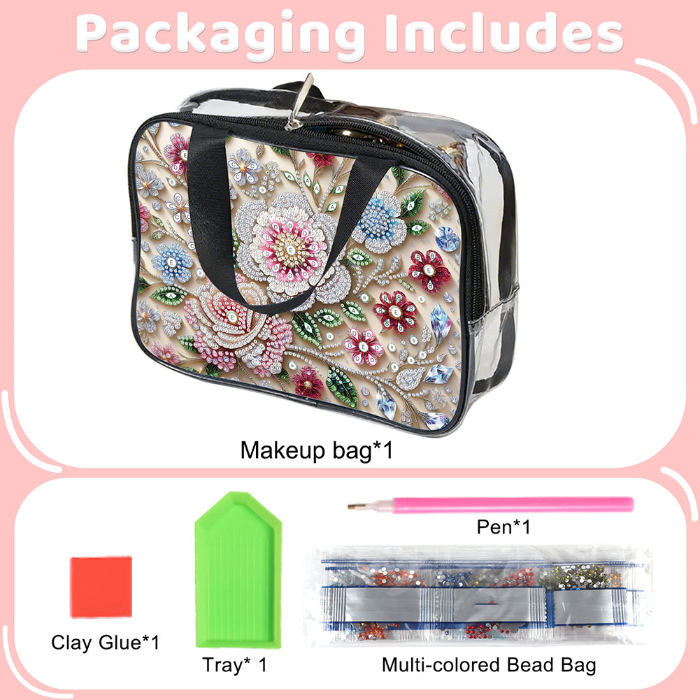 DIY Flowers Diamond Art Rhinestone Makeup Bag Transparent PVC Storage Pack Gift