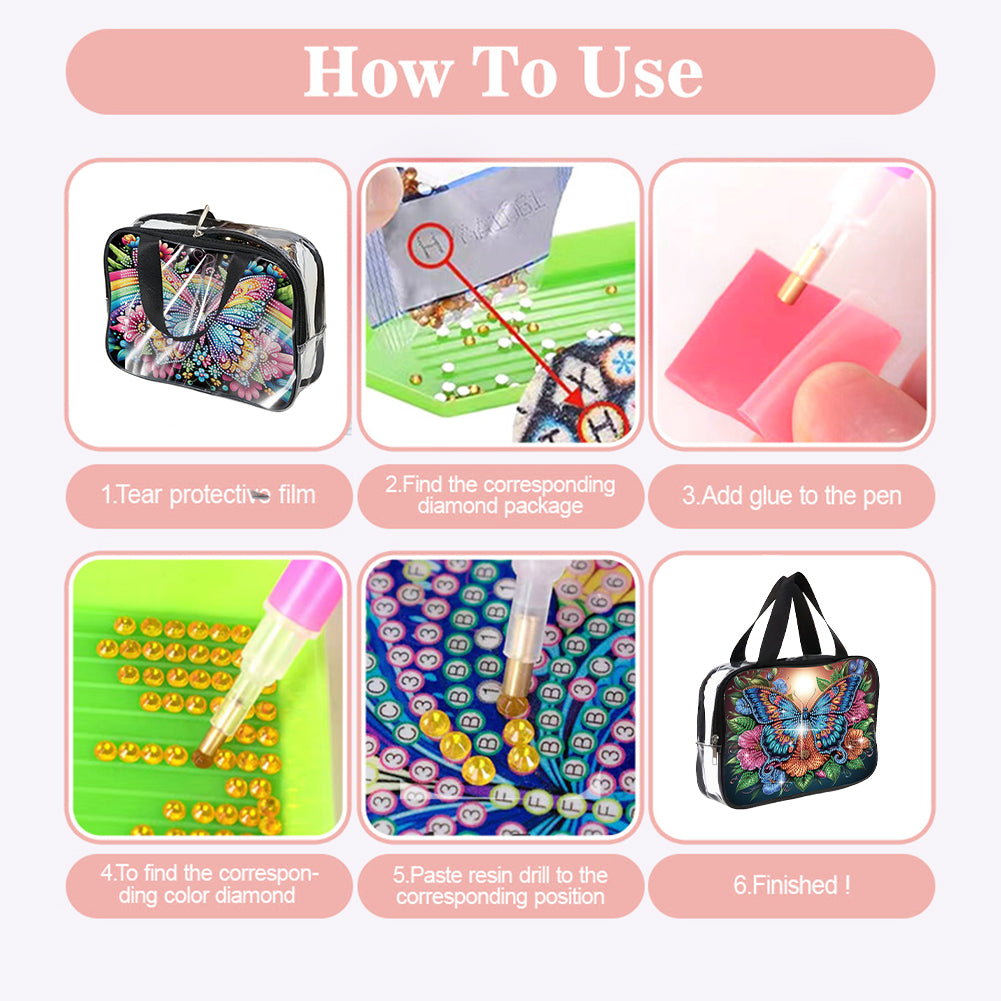 DIY Butterfly Diamond Art Rhinestone Makeup Bag Transparent PVC Storage Pack