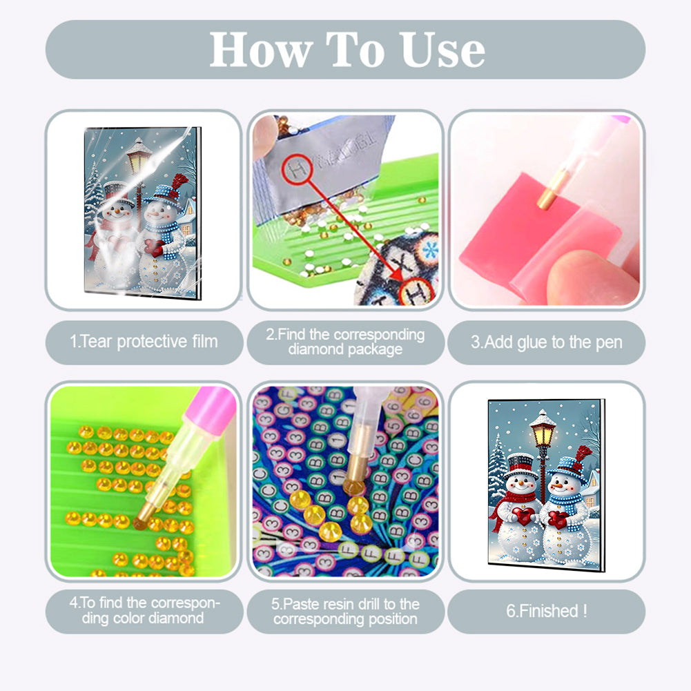 2pcs 50-Page A5 Snowman Santa Claus Diamond Painting Notebook for Adults Gift