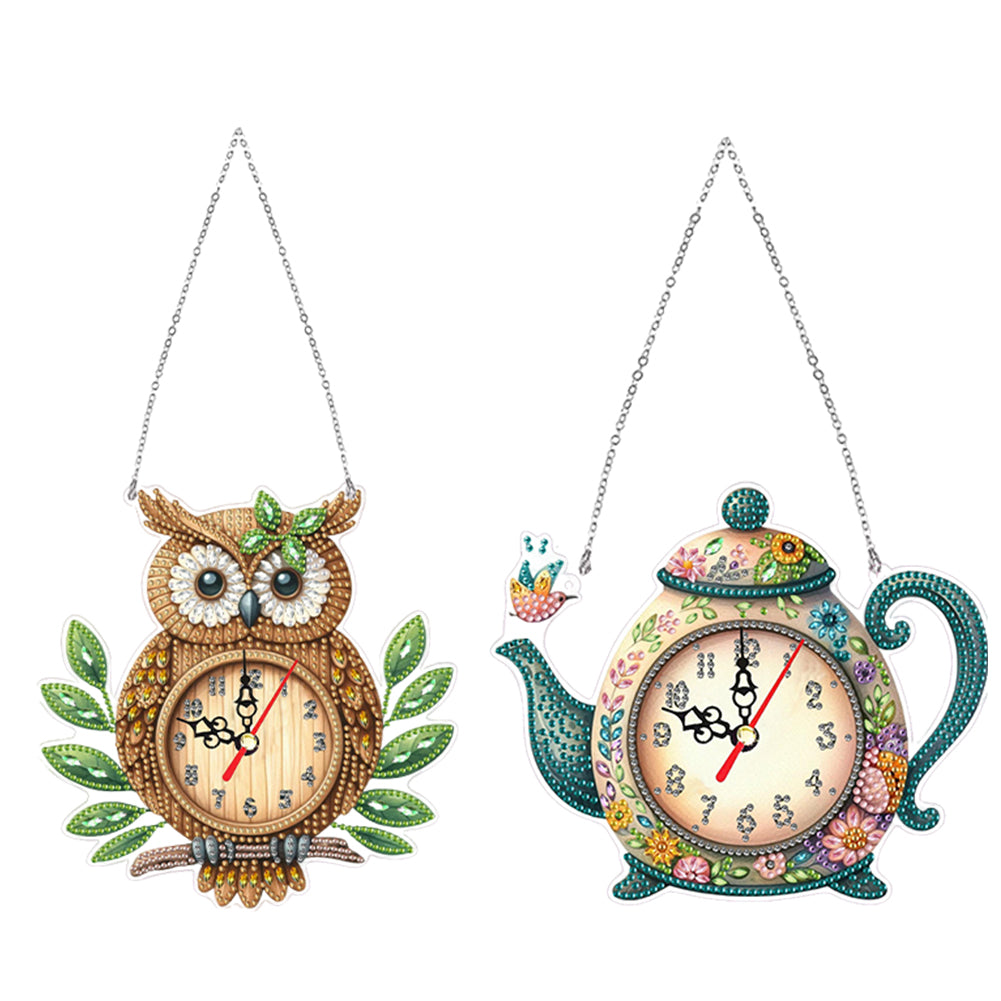 2Pcs Diamond Painting Ornament with Clock Function Hanging Clock Art Craft Decor