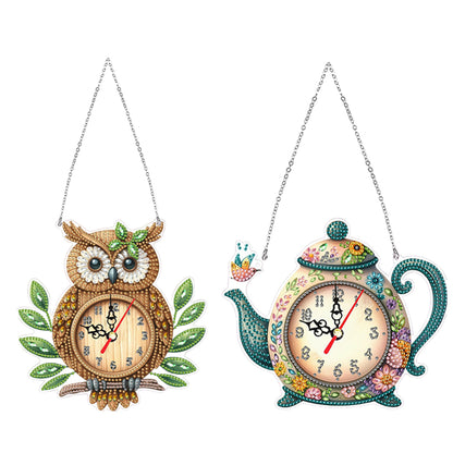 2Pcs Diamond Painting Ornament with Clock Function Hanging Clock Art Craft Decor