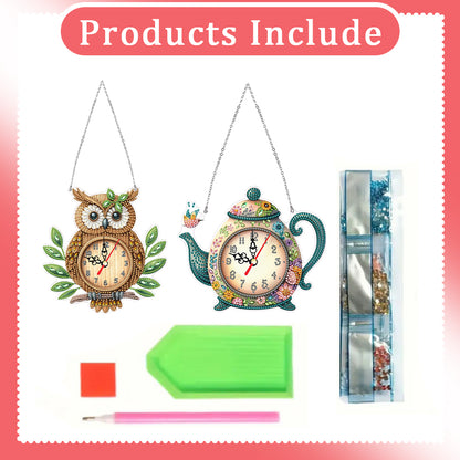 2Pcs Diamond Painting Ornament with Clock Function Hanging Clock Art Craft Decor