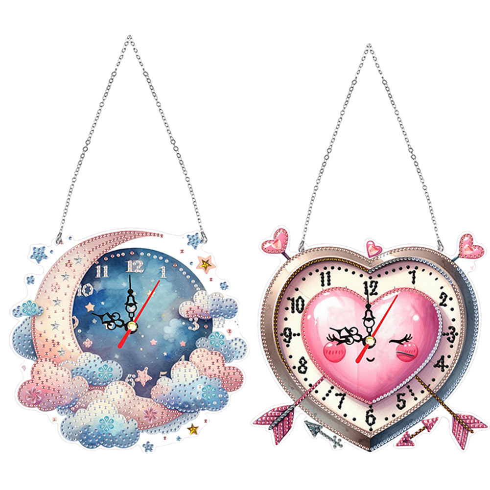 2Pcs Diamond Painting Ornament with Clock Function Hanging Clock Art Craft Decor