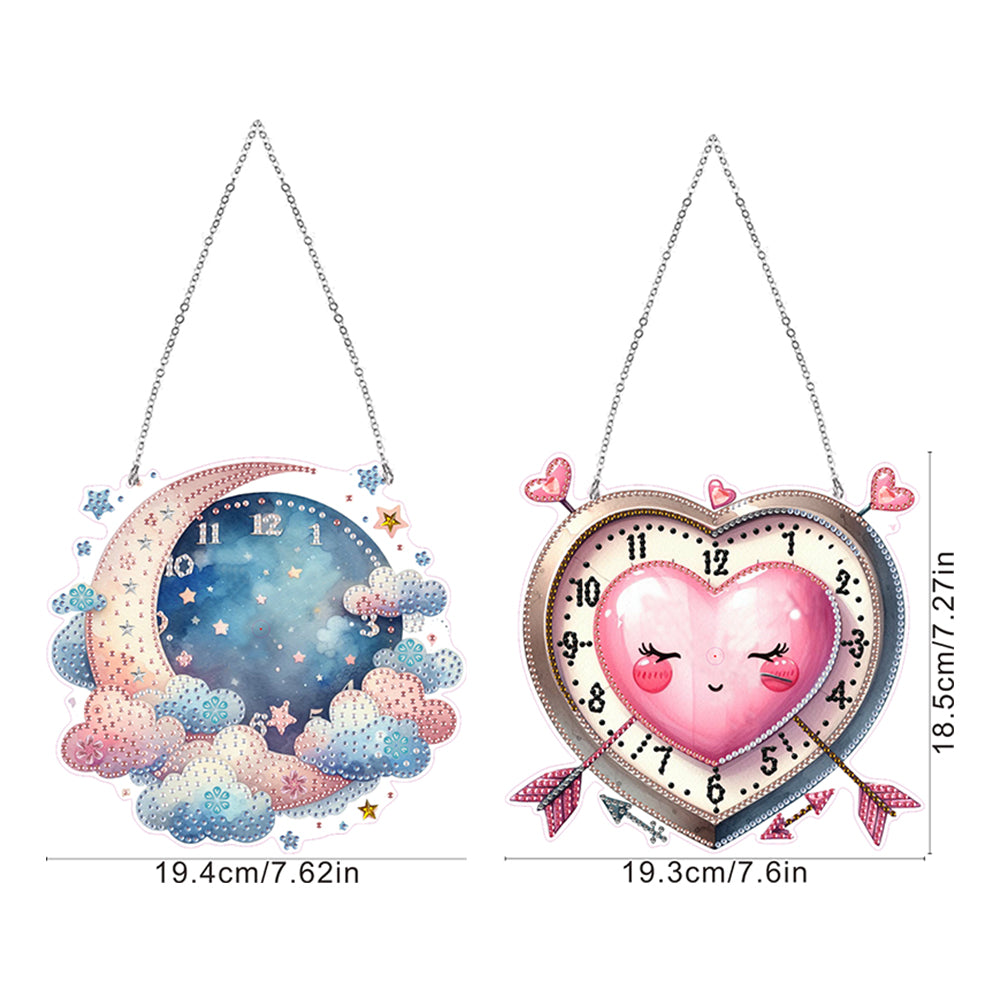 2Pcs Diamond Painting Ornament with Clock Function Hanging Clock Art Craft Decor