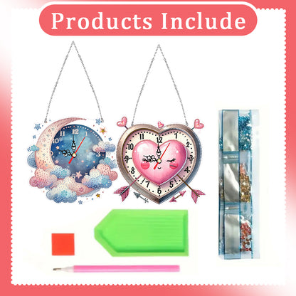 2Pcs Diamond Painting Ornament with Clock Function Hanging Clock Art Craft Decor