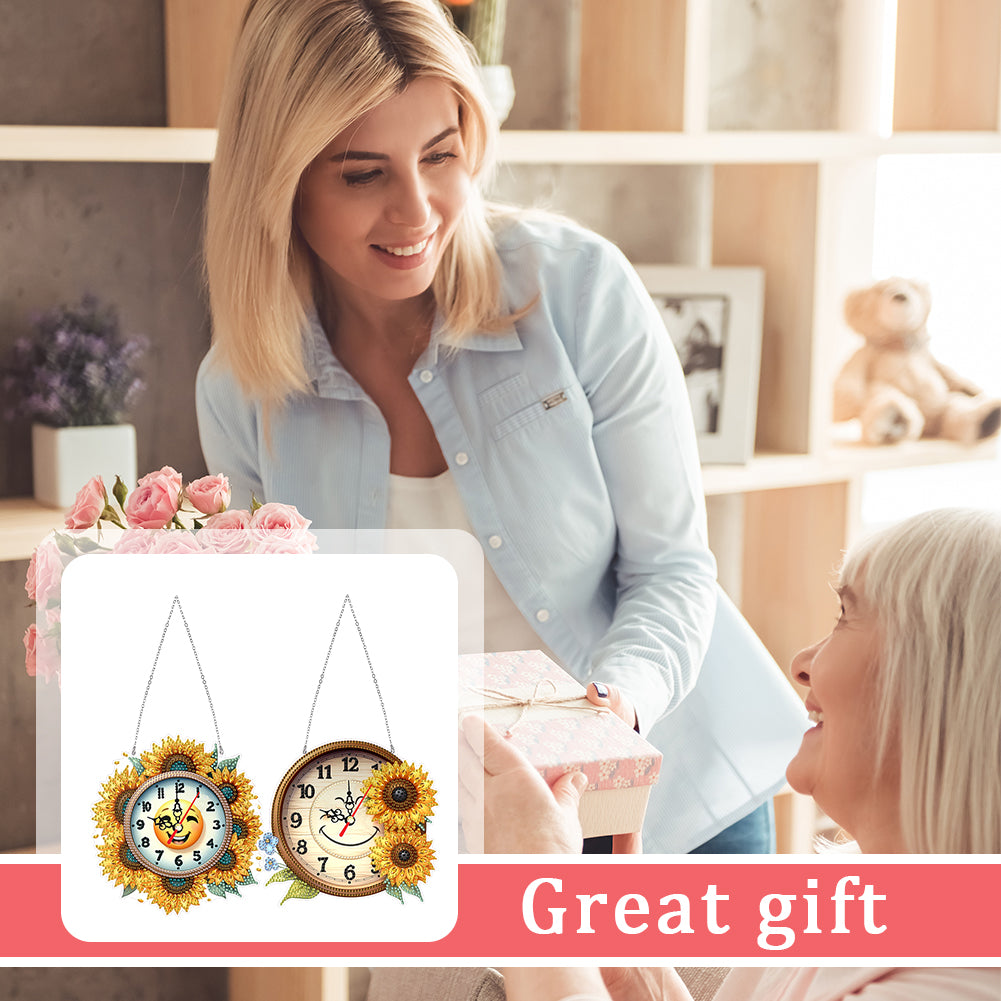 2Pcs Diamond Painting Ornament with Clock Function Hanging Clock Art Craft Decor
