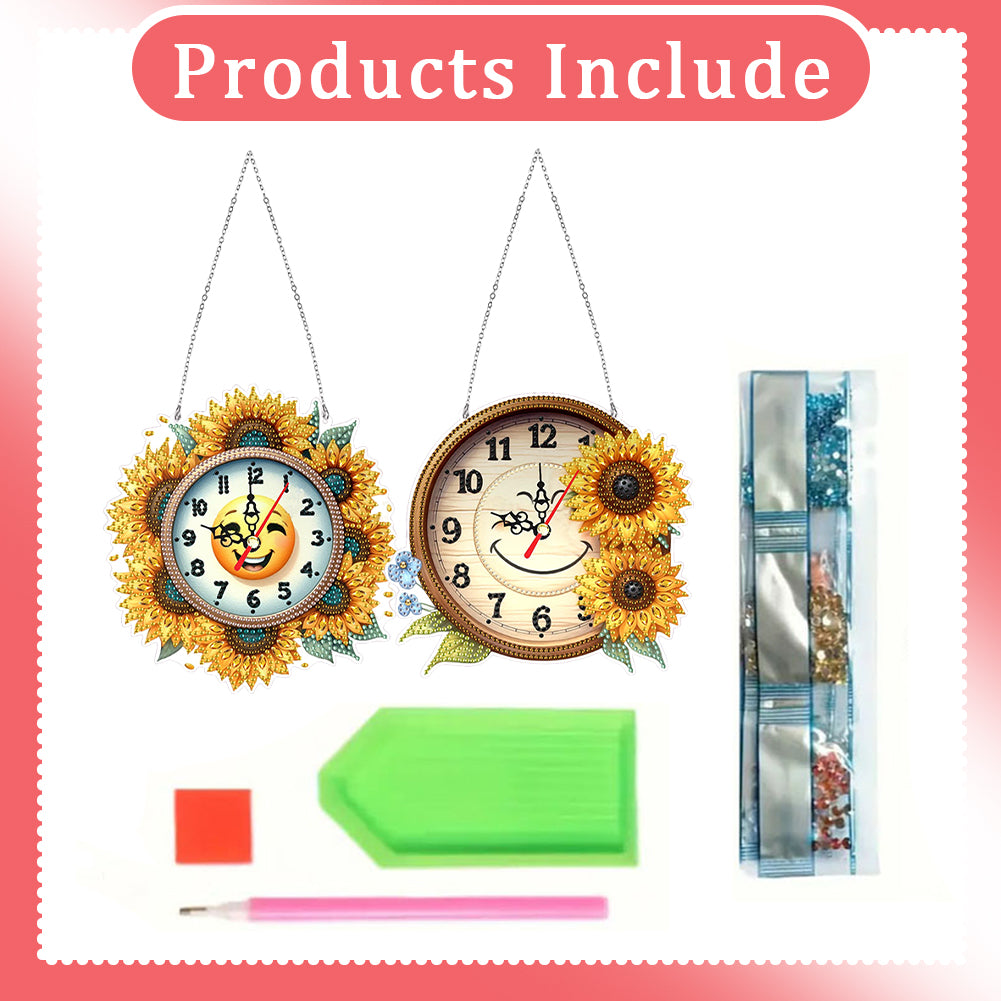 2Pcs Diamond Painting Ornament with Clock Function Hanging Clock Art Craft Decor