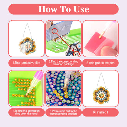 2Pcs Diamond Painting Ornament with Clock Function Hanging Clock Art Craft Decor