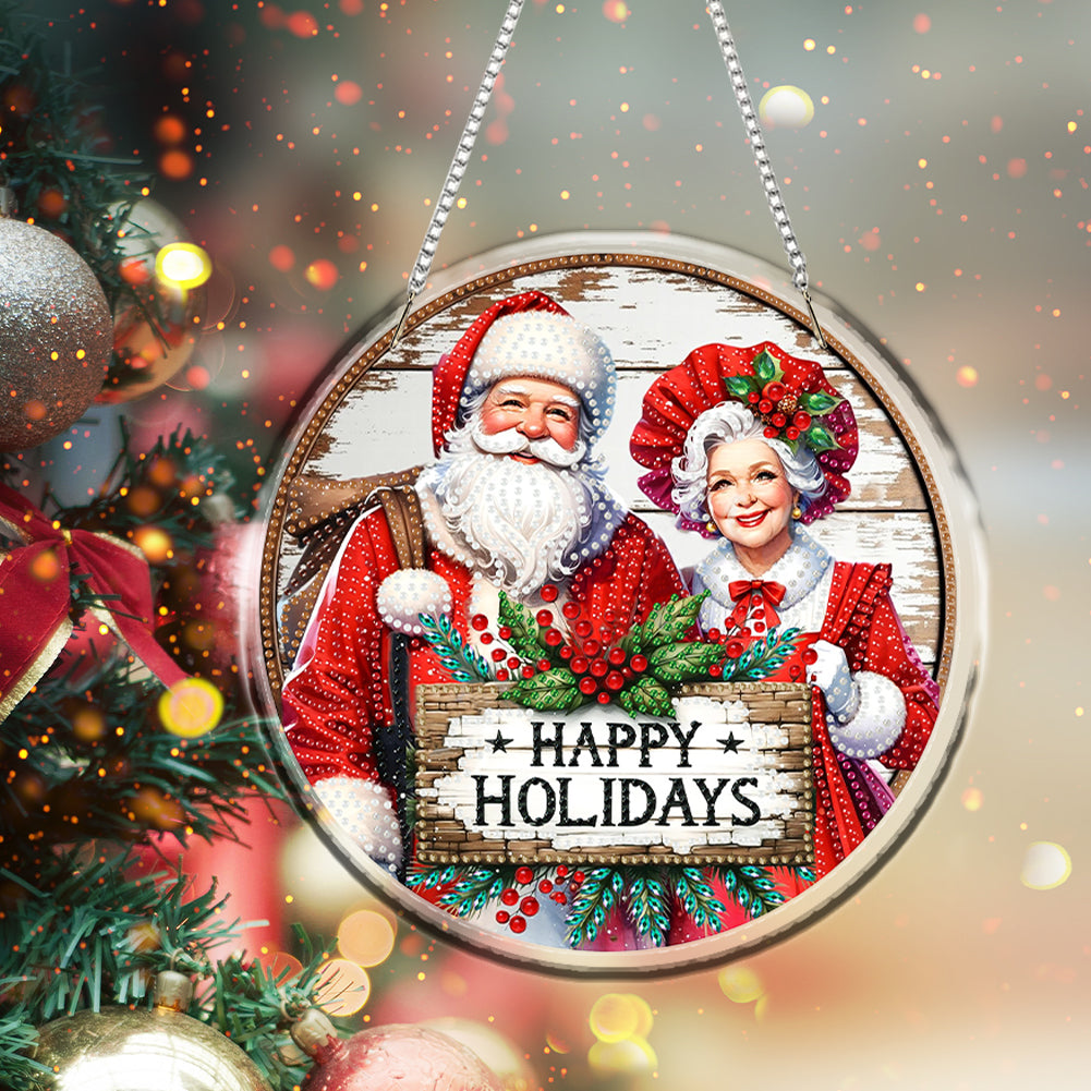 Acrylic 2D Flat DIY Christmas Mr and Mrs Claus Diamond Art Pendant Wall Decor
