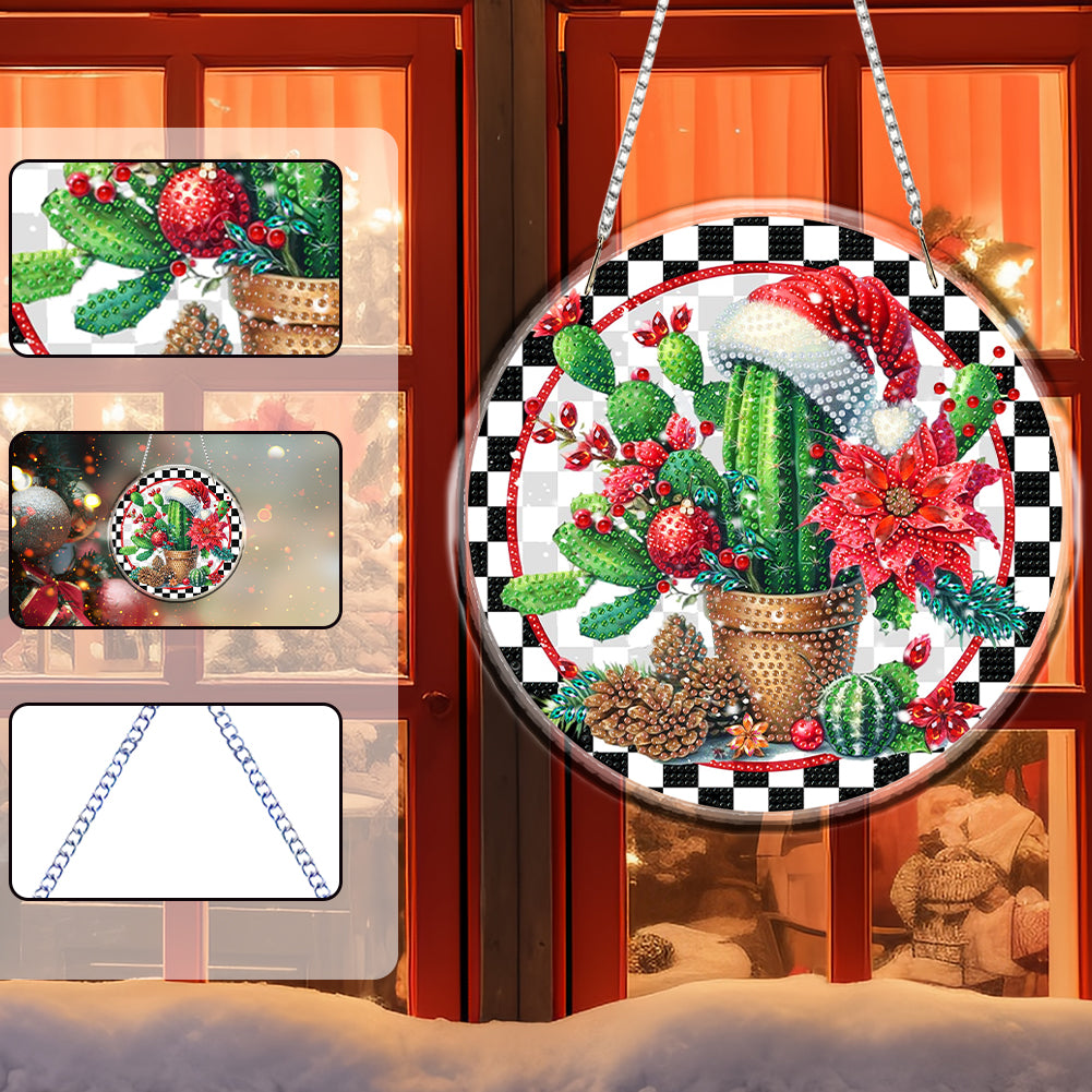 Acrylic 2D Flat DIY Christmas Cactus Diamond Art Pendant Wall Decoration