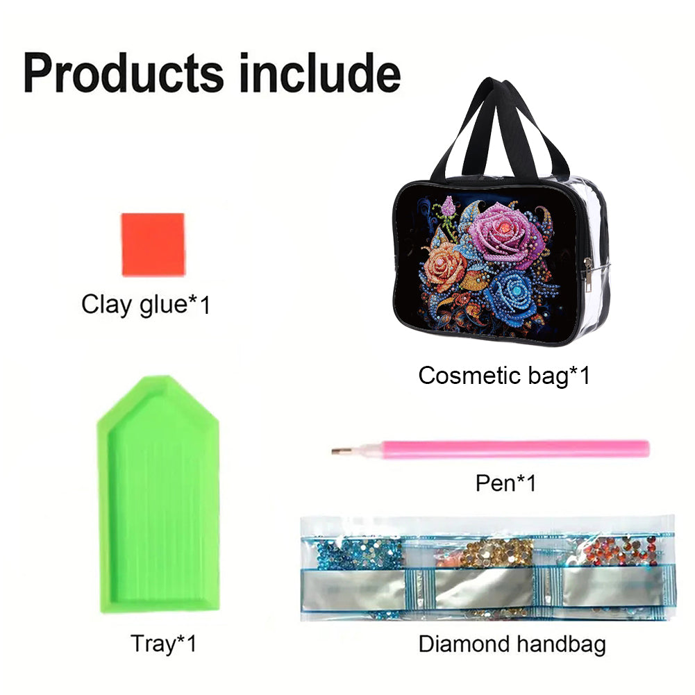 DIY Flower Diamond Art Rhinestone Makeup Bag Transparent PVC Storage Pack Gift