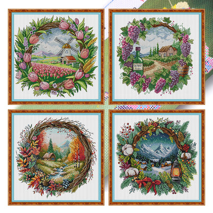 Seasonal Scenery In A Garland - 14CT Stamped Cross Stitch 40*40CM(Fairy Brand)