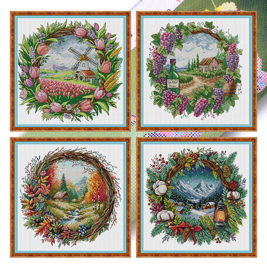 Seasonal Scenery In A Garland - 14CT Stamped Cross Stitch 40*40CM(Fairy Brand)