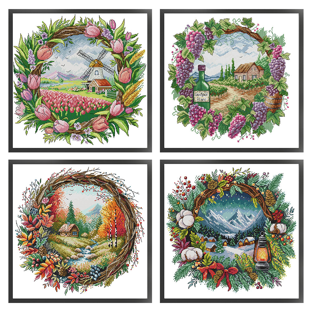 Seasonal Scenery In A Garland - 14CT Stamped Cross Stitch 40*40CM(Fairy Brand)