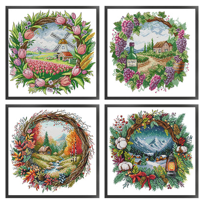 Seasonal Scenery In A Garland - 14CT Stamped Cross Stitch 40*40CM(Fairy Brand)