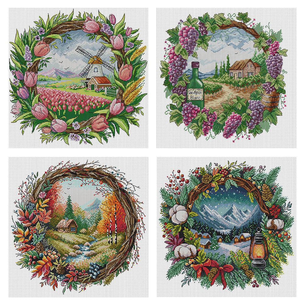 Seasonal Scenery In A Garland - 14CT Stamped Cross Stitch 40*40CM(Fairy Brand)