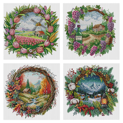 Seasonal Scenery In A Garland - 14CT Stamped Cross Stitch 40*40CM(Fairy Brand)