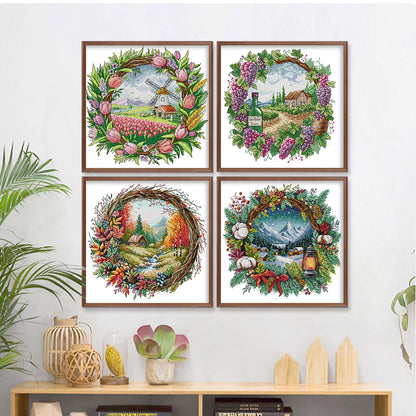Seasonal Scenery In A Garland - 14CT Stamped Cross Stitch 40*40CM(Fairy Brand)