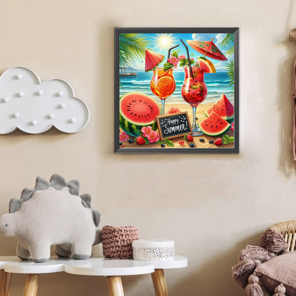 Summer Beach Watermelon Drink - Full Round Drill Diamond Painting 30*30CM