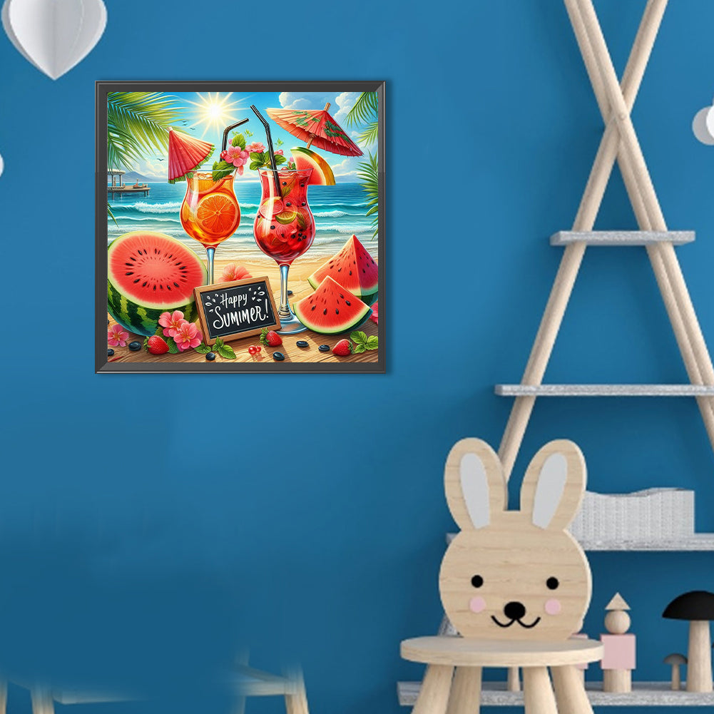 Summer Beach Watermelon Drink - Full Round Drill Diamond Painting 30*30CM