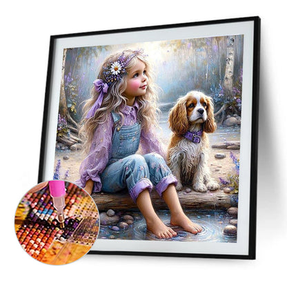 Dog And Little Girl - Full Round Drill Diamond Painting 40*40CM