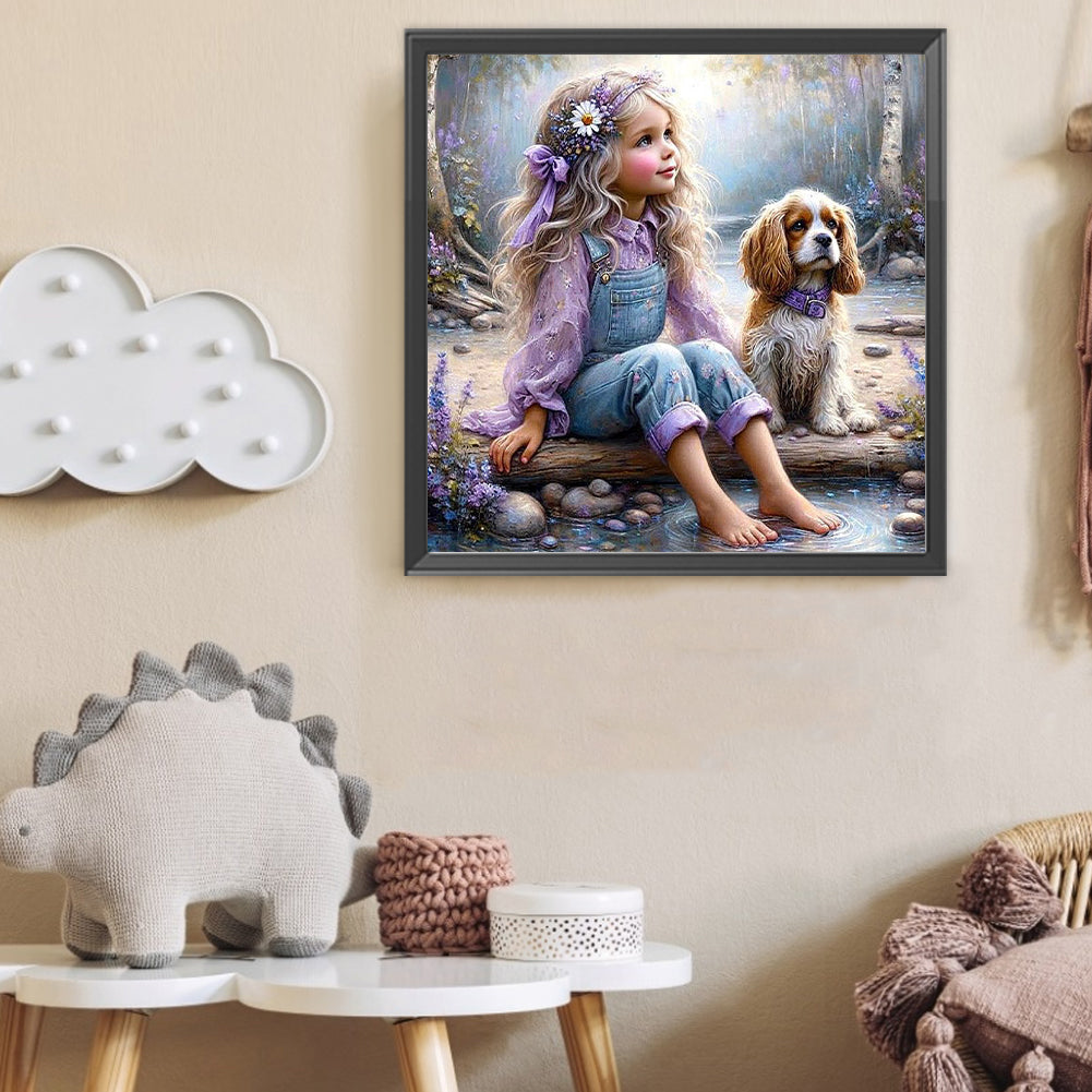 Dog And Little Girl - Full Round Drill Diamond Painting 40*40CM