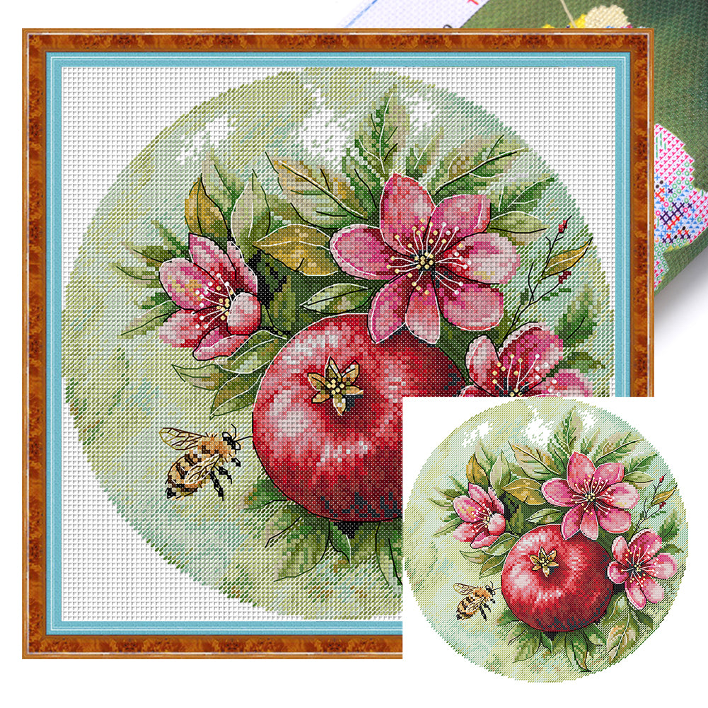 Pomegranate Blossoms And Bees - 11CT Stamped Cross Stitch 37*37CM(Joy Sunday)