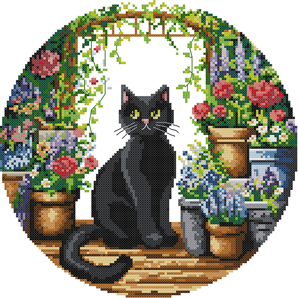 Black Cat In The Garden - 11CT Stamped Cross Stitch 37*37CM(Joy Sunday)