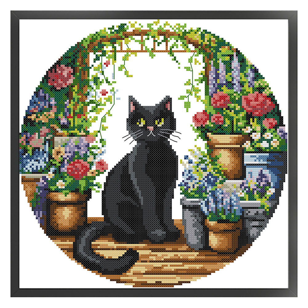 Black Cat In The Garden - 11CT Stamped Cross Stitch 37*37CM(Joy Sunday)