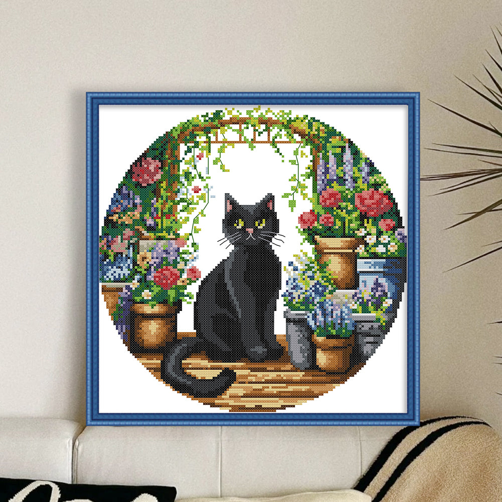 Black Cat In The Garden - 11CT Stamped Cross Stitch 37*37CM(Joy Sunday)