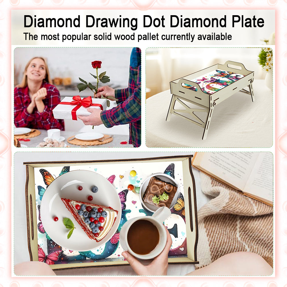 DIY Diamond Painted Dining Plate with Handle Wooden Food Tray Home Decor Gift