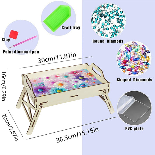 5D DIY Flower Diamond Painting Wooden Serving Tray with Handle for Home Decor