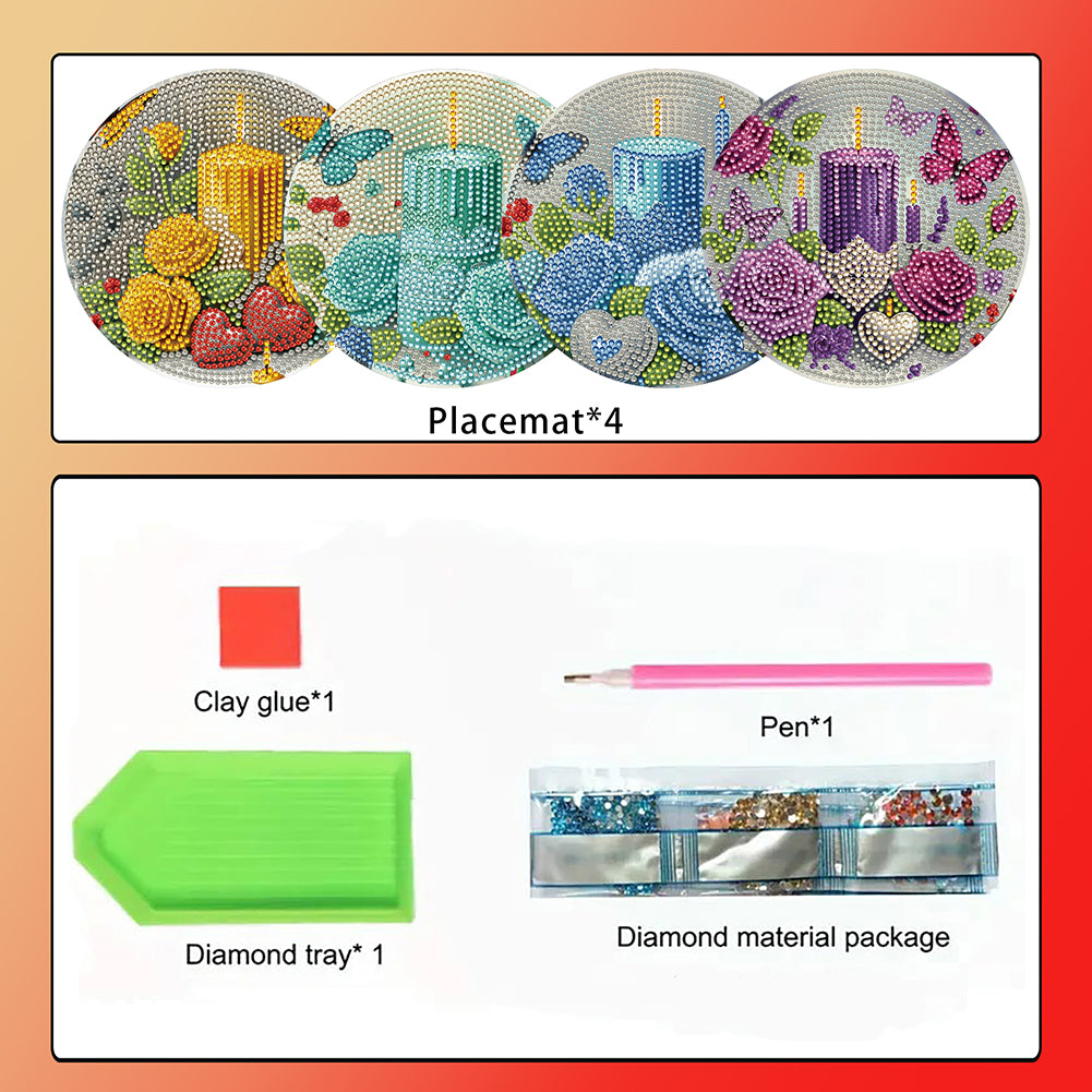 4 PCS Christmas Candle Diamond Painting Placemat Kit for Home Kitchen Parties