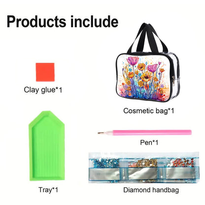 DIY Flower Diamond Painting Bling Rhinestone Makeup Bag Large Storage Bag