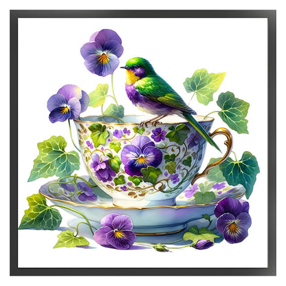 Pansy Bird Teacup - 14CT Counted Cross Stitch 40*40CM