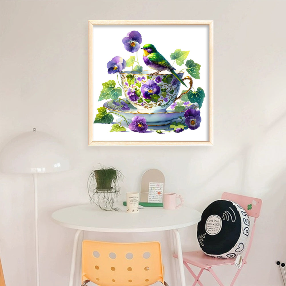 Pansy Bird Teacup - 14CT Counted Cross Stitch 40*40CM