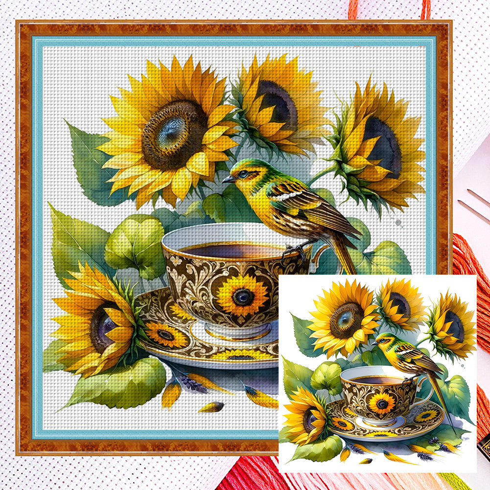 Sunflower Bird Teacup - 14CT Counted Cross Stitch 40*40CM