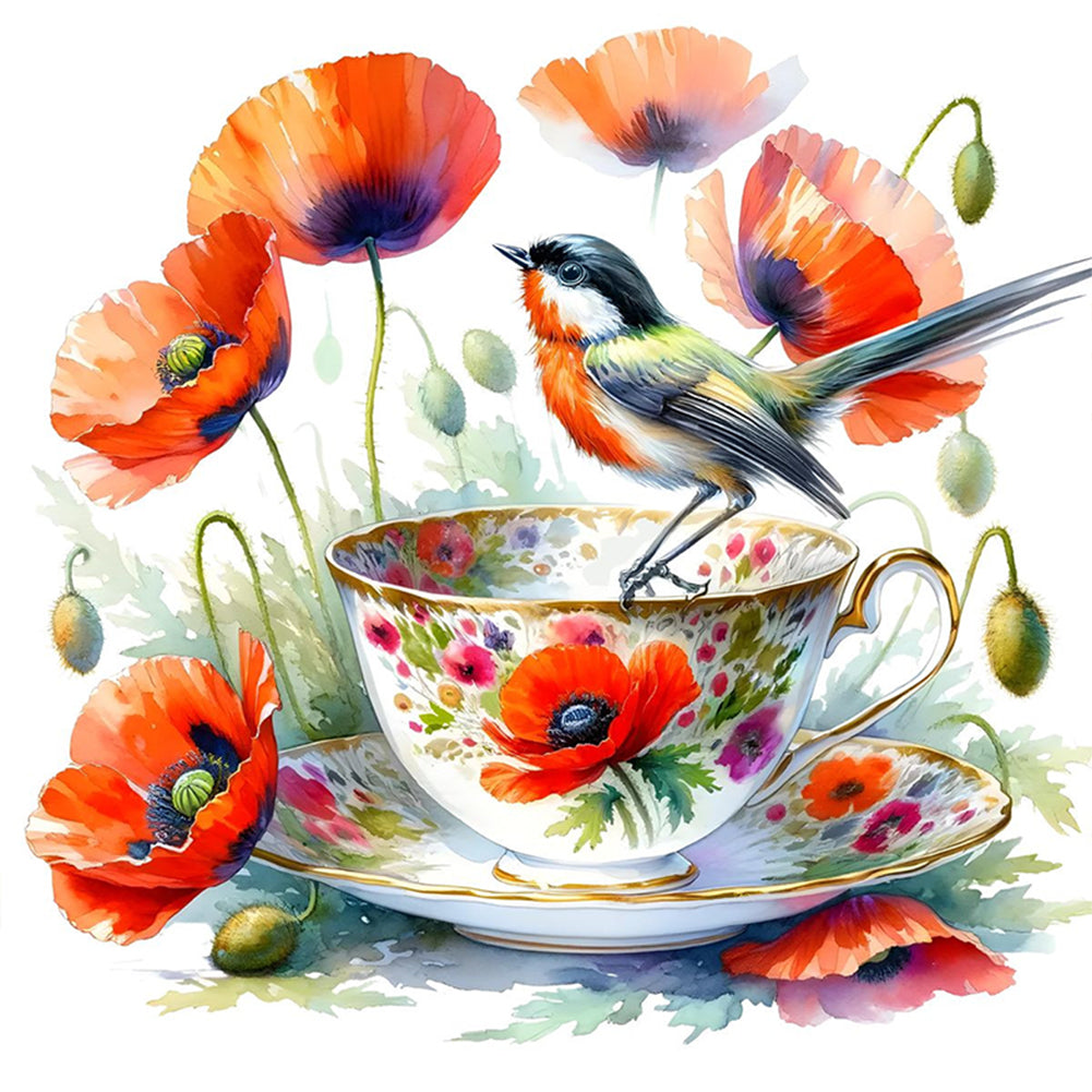 Poppy Bird Teacup - 14CT Counted Cross Stitch 40*40CM