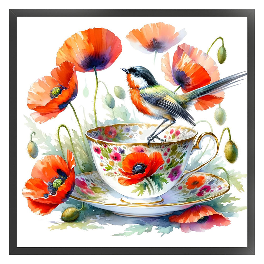 Poppy Bird Teacup - 14CT Counted Cross Stitch 40*40CM