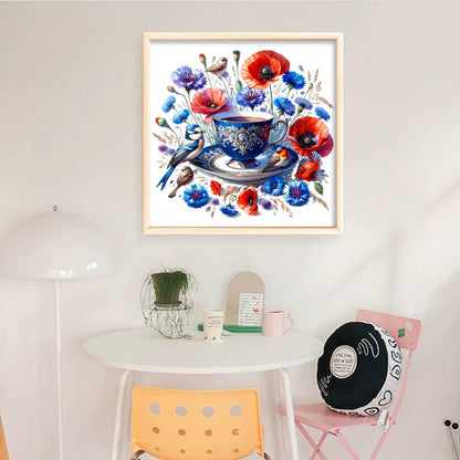 Poppy Bird Teacup - 14CT Counted Cross Stitch 40*40CM
