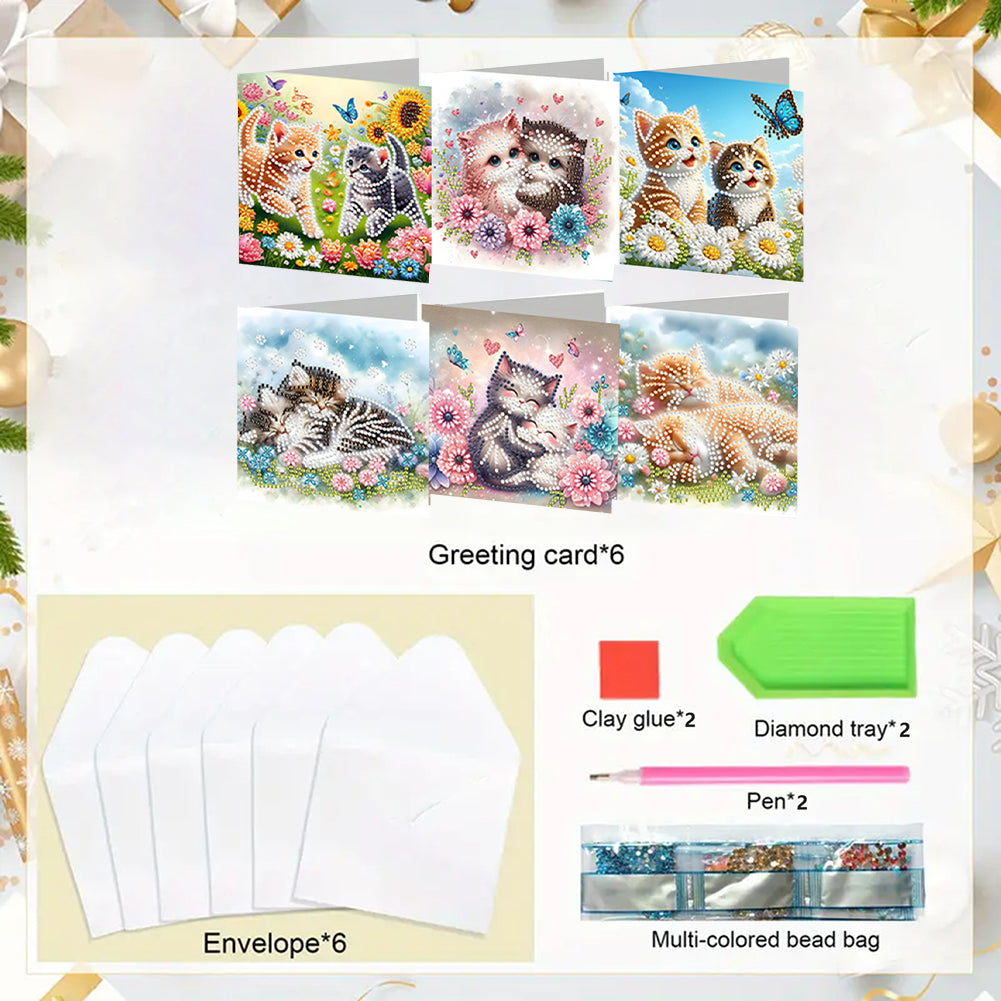6PCS DIY Diamond Art Greeting Cards Cat Designs Congratulations Cards & Gifts