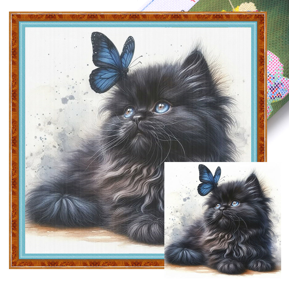 Butterfly And Black Cat - 18CT Stamped Cross Stitch 25*25CM