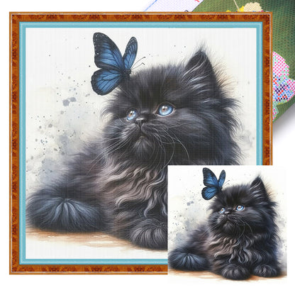 Butterfly And Black Cat - 18CT Stamped Cross Stitch 25*25CM