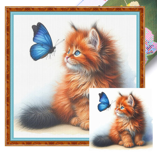 Butterfly And Orange Cat - 18CT Stamped Cross Stitch 25*25CM