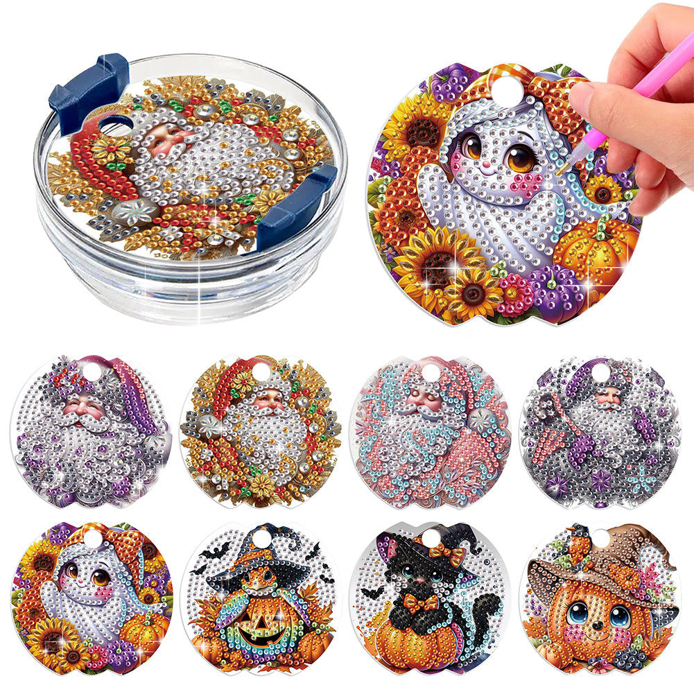 8pcs Christmas Halloween DIY Diamond Art Cup Lid Accessories Tumbler Lid Plate