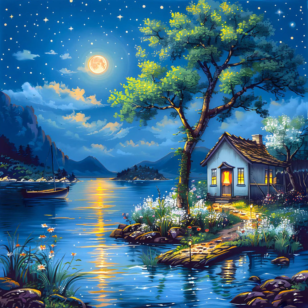 Lakeside Cabin At Night - Full Round Drill Diamond Painting 40*40CM