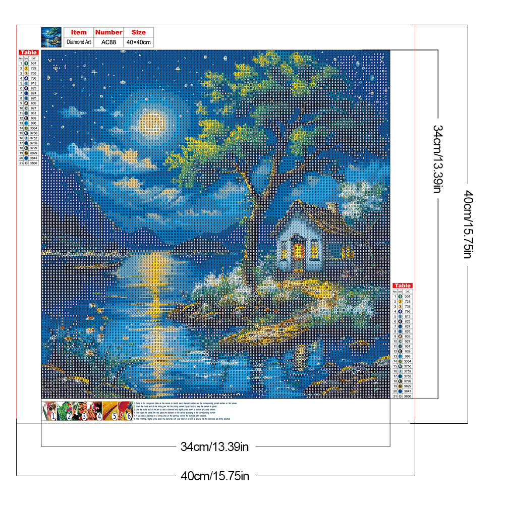 Lakeside Cabin At Night - Full Round Drill Diamond Painting 40*40CM